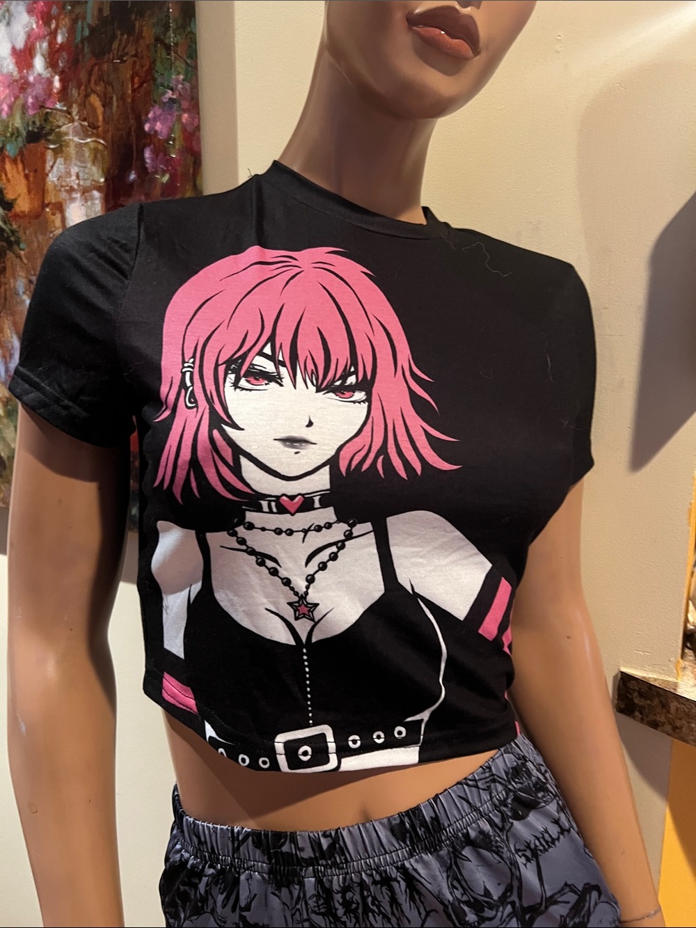 Black Crop Top with Pink haired M Anime punk Girl  nwt